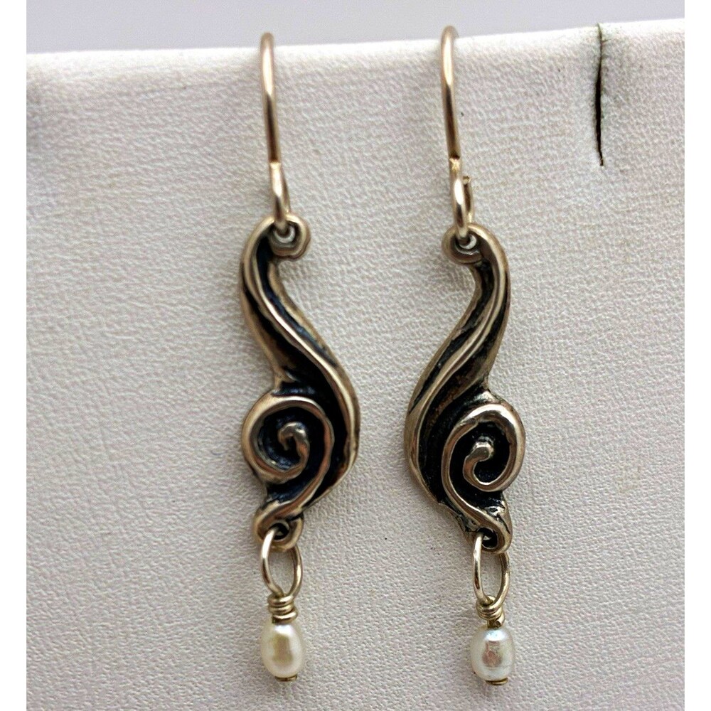 Silver Tested Swirl Hook Dangle Earrings w/Baroque White Pearl Drops 1.5in